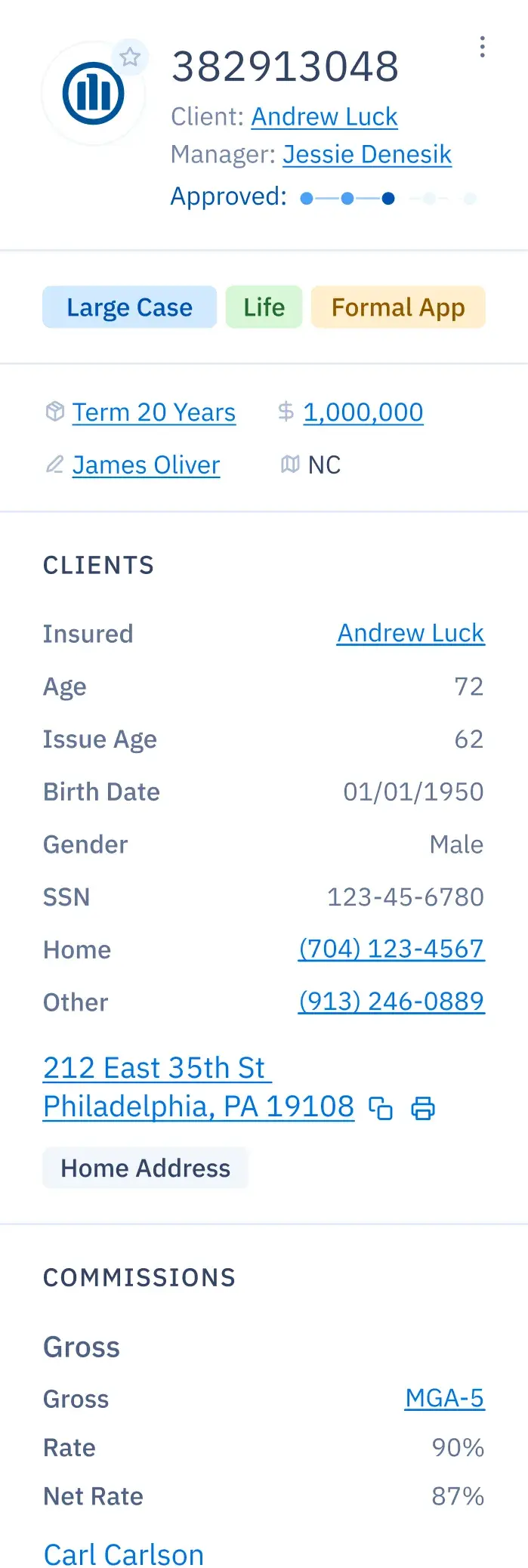 UI screen of a case profile showing status, client info, commissions breakdown, and additional details of a specific case.